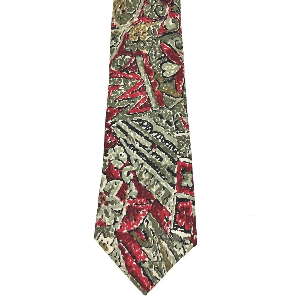 Guy Laroche Couture Geometric Floral Red Green Beige Mens Silk Necktie Dress Tie